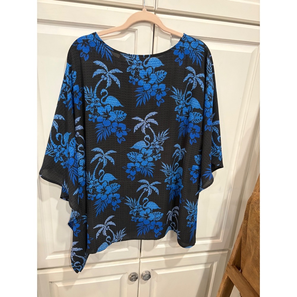 Quacker Factory Blue Flamingo Tropical Palm Tree Poncho Top Black L coastal boho - Picture 2 of 7